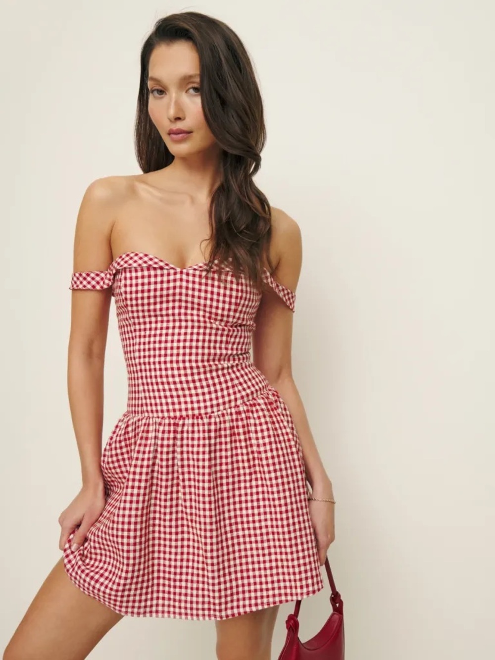 Reformation Red & White Gingham Off-Shoulder Mini Dress - WORN ONCE!